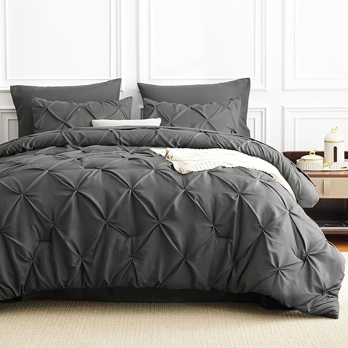 CozyLux Twin Comforter Set with Sheets Dark Grey, 5 Pieces Pintuck Bed in A Bag, Twin Bed Set Gift for Family, Pinch Pleat Bedding Set with Comforter, Sheets, Pillowcase & Sham