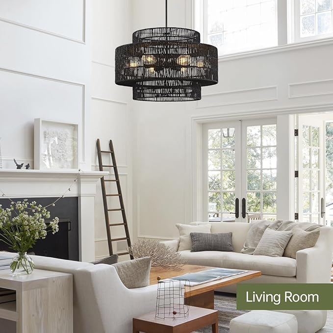 24” Black Boho Large Rattan Chandelier Light Fixture,6-Light Large Hand Woven Pendant Light Fixture Farmhouse Rustic Chandeliers for Kitchen Bedroom, Dining Room, Living Room, Hallway, Foyer