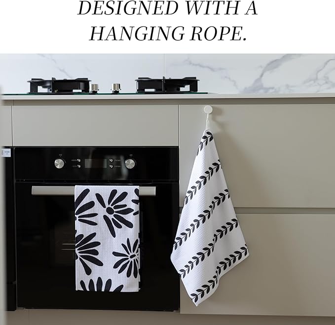 DIBALA Dish Towels Set of 2 Quick Dry Microfiber Kitchen Towels with Hanging Loop 18x30, Black White Daisy
