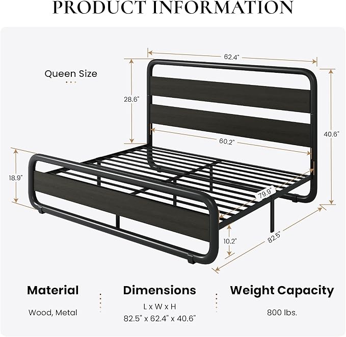 SHA CERLIN Queen Size Metal Bed Frame with Wooden Headboard and Footboard, Heavy Duty Oval-Shaped Platform Bed with Under-Bed Storage, Noise Free, No Box Spring Needed, Black