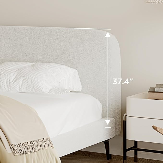 Acanva Modern Minimalist Upholstered Platform Bed Frame with Headboard, Mattress Foundation Base with Metal Slats Support, No Box Spring Needed, Non-Slip, White, Queen Size