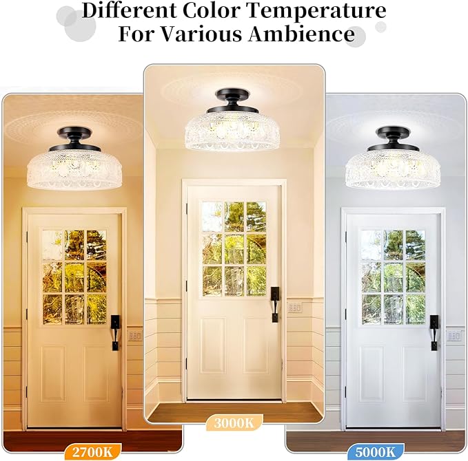 Lamomo Semi Flush Mount Ceiling Light, Upgraded Larger Black Hallway Light Fixture, 3-Bulb Globe Glass Close to Ceiling Light, Indoor Hanging Light for Bedroom Kitchen Porch Hallway,Bulbs Not Included