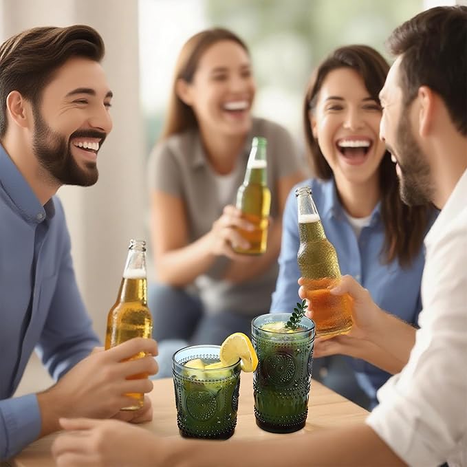 Blue Drinking Glasses Set of 12, 16 Oz Highball & 13 Oz Cocktail Glasses, Blue Kitchen Vintage Glassware Set, Floral Embossed Glass Tumbler Cups for Juice, Beer, Water, Whiskey, Coffee