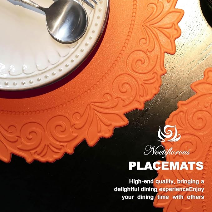 Noctiflorous Round Faux Leather 15 Inch Placemats Set of 6 Waterproof Wipeable Heat Resistant Tablemat for Dining Table Kitchen Non Slip Washable Oilproof Table Place Mat(Pumpkin Orange, 6)