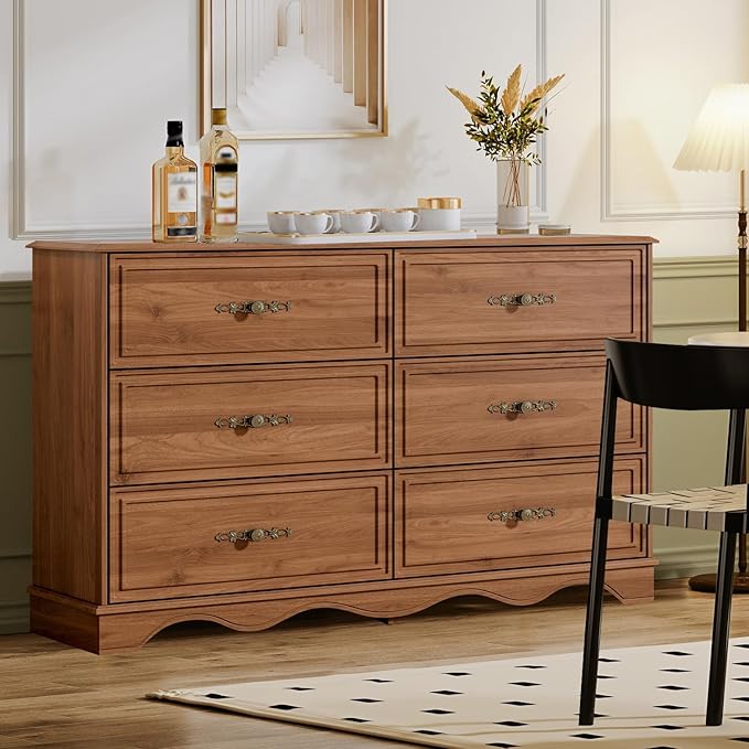 Mid Century Modern 6 Drawers Dresser for Bedroom 47" Wide Wood Rustic Chest of Drawers, Brownish
