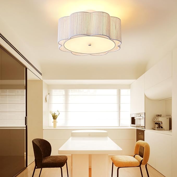 17.7" Rattan Flush Mount Ceiling Light, 3-Light Boho Close to Ceiling Light Fixtures, Rattan Bedroom Ceiling Light, Farmhouse Large Drum Chandelier for Dining Room, Kitchen, Hallway(White)