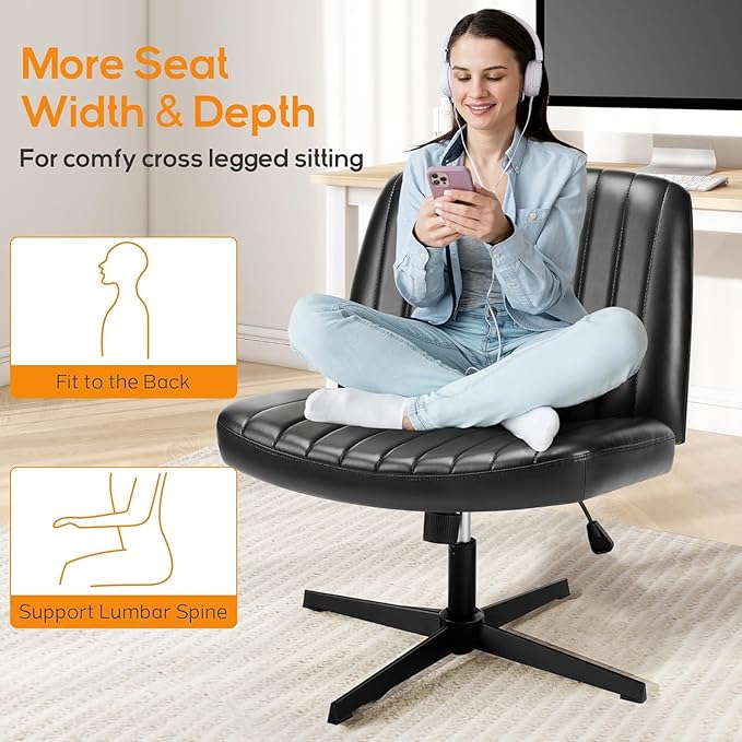 DUMOS Criss Cross Chair Legged Office Wide Comfy Desk Seat, No Wheels Armless Computer Task Seating, Swivel Vanity Home Height Adjustable