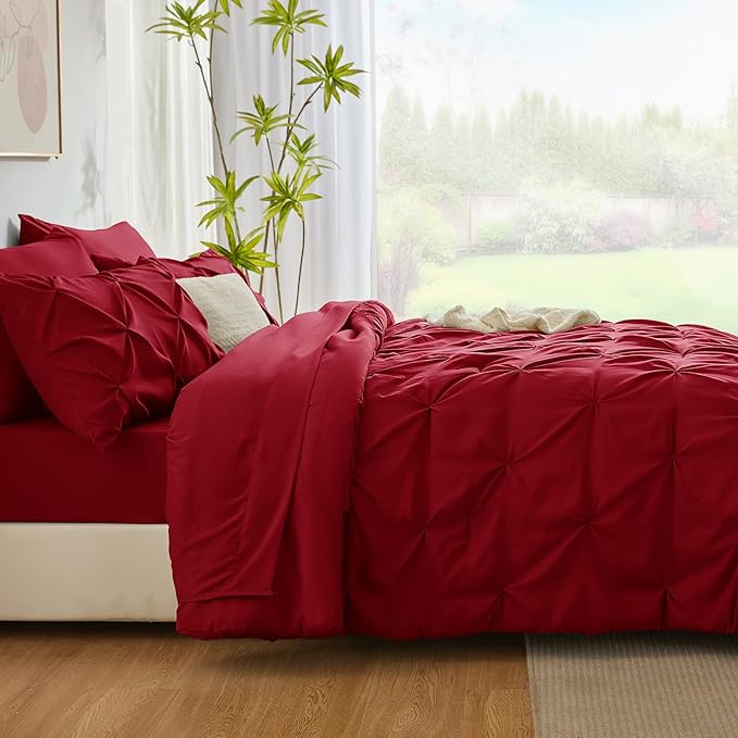 CozyLux Full Size Comforter Sets Dark Red, 7 Pieces Pintuck Bed in A Bag Red Comforter Full Size, Pinch Pleat Bedding Sets with All Season Comforter, Sheets, Pillowcases & Shams