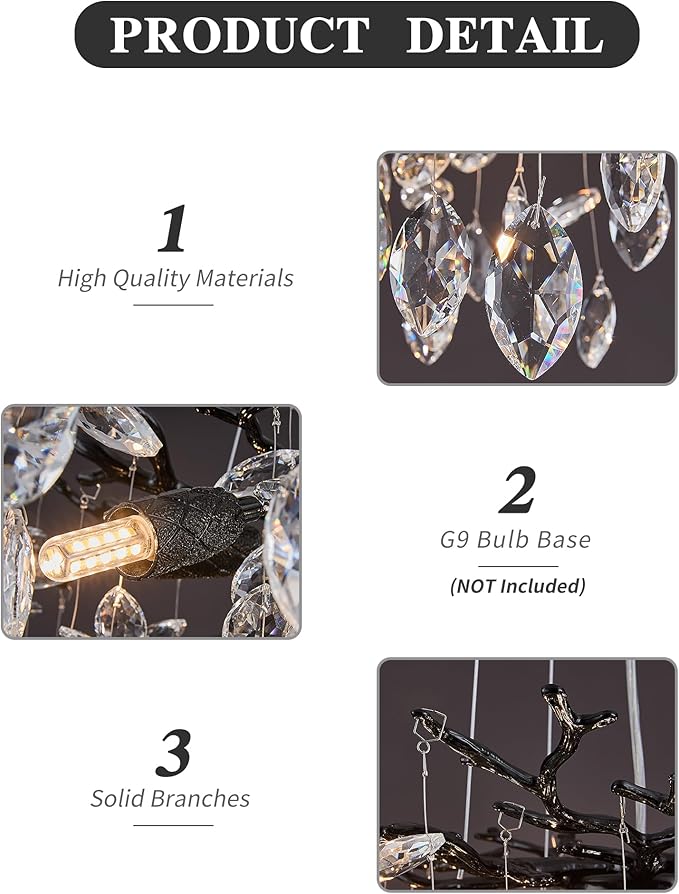 Modern Tree Branch Crystal Chandelier Luxury Black Crystal Pendant Lighting 30" Contemporary 10-Light Chandeliers for Dining Room Kitchen Bedroom Living Room