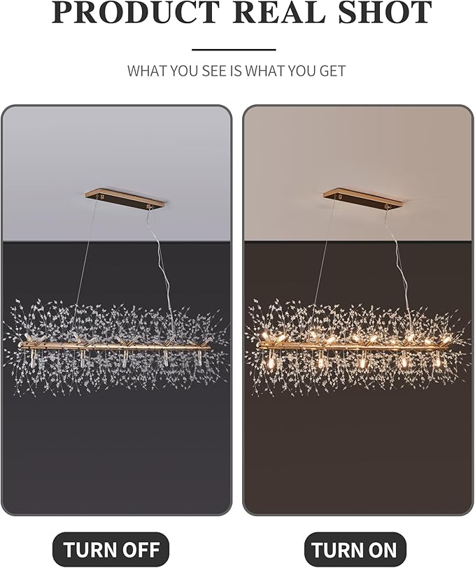 Modern 47.2" Modern Gold Crystal Firework Chandelier, 15-Light Pendant Light Fixture, Rectangle Linear Sputnik Dandelion Chandeliers for Dining Room Kitchen Living Room