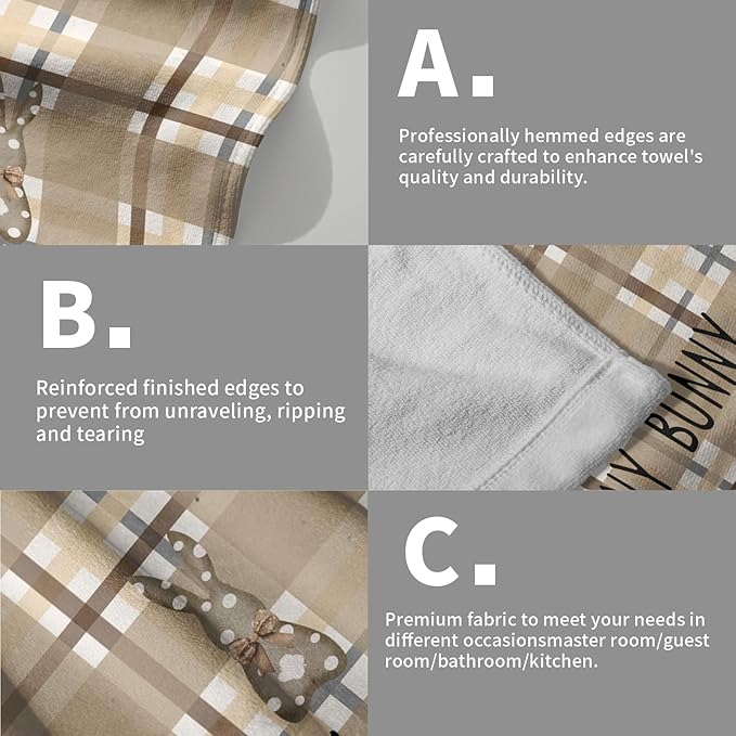 Easter Bunny Hand Towels 2 Pack Brown Buffalo Plaid Rabbits Decorative Seasonal Fingertip Towels Kitchen 28x14