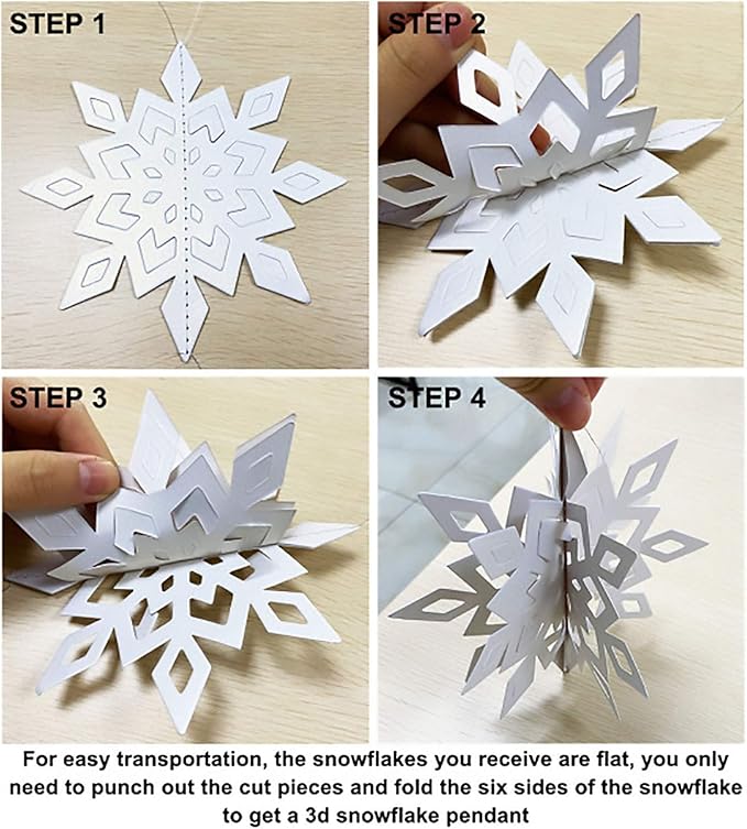 OuMuaMua Winter Christmas Hanging Snowflake Decorations, 12PCS Snowflakes Garland & 12PCS 3D Glittery Large White Snowflake for Christmas Winter Wonderland Holiday New Year Party Home Decorations