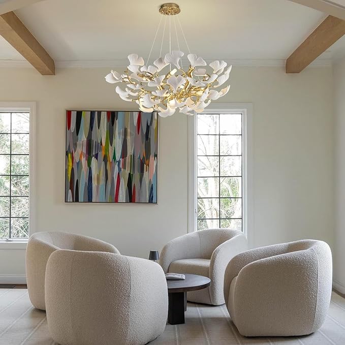 10-Light Gold Tree Branches Chandeliers, 32''Modern Round Ceramic Ginkgo Leaf Chandelier, Dining Room Chandelier Over Table, for Living, Foyer, Kitchen, Bedroom