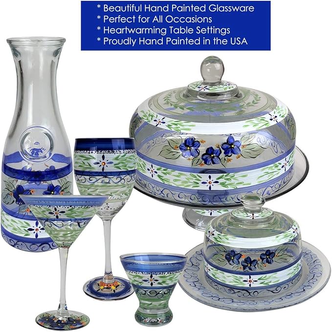 Hand Painted Cosmopolitan Glasses Set of 2 - Barcelona Blue Collection - Hand Painted Glassware by USA Artists - Unique and Decorative Cosmos Glasses, Kitchen Table Décor