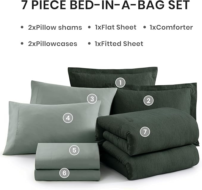 Monbix Oversized Queen Comforter Set - 7 Pieces Cationic Dyeing Deep Forest Bed in a Bag Bedding Sets with Comforter, Sheets, Pillowcases & Shams, Reversible Bedding Comforters Sets
