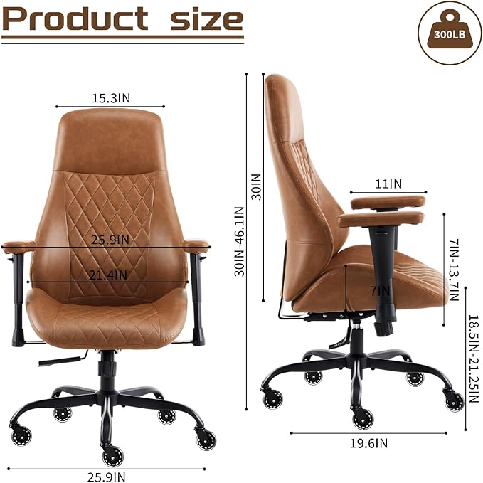 YFO Home Office Chair High Back Office Rubber Casters Ergonomic Computer Chair with Lumbar Support Adjustable Height Rolling Swivel Chair Executive Task Armrests๏ผ Brown Leather