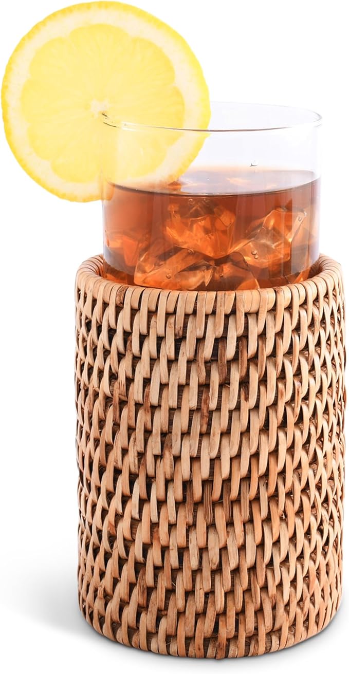 Vagabond House Natural, Removable Glass Water/Juice Glasses Set of 4, Handmade, Tall 6 Inches, Perfect for Kitchen and Home, Covered with Hand Woven Wicker Rattan