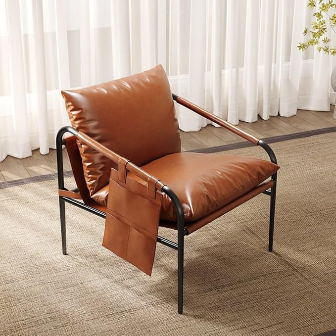 homary Brown Leather Accent Chair for Living Room Metal Frame, Padded Arms Side Pockets Granular Cotton Filling (Black & Brown)