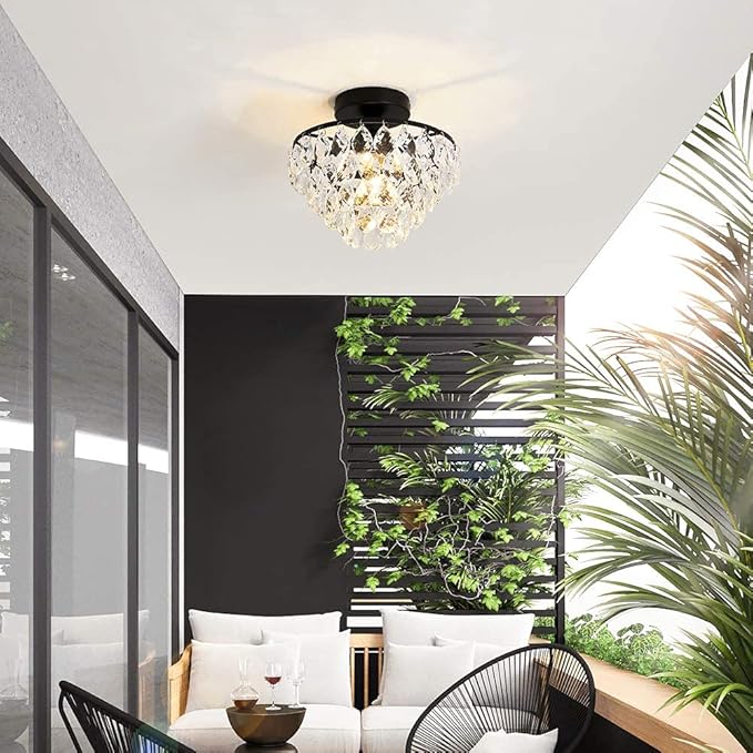 YYJLX Modern Small Crystal Ceiling Light Fixture Mini Black Semi Flush Mount Chandelier Light Fixture for Hallway Bedroom Bathroom Closet e26