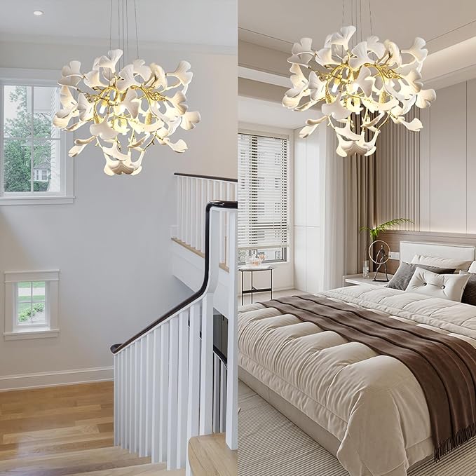 Modern 23.6'' Gold and White Ceramic Ginkgo Leaf Tree Branches Chandeliers, Dining Room Chandelier Over Table, Round Chandelier for Living Room,for Foyer, Kitchen, Bathroom, Bedroom