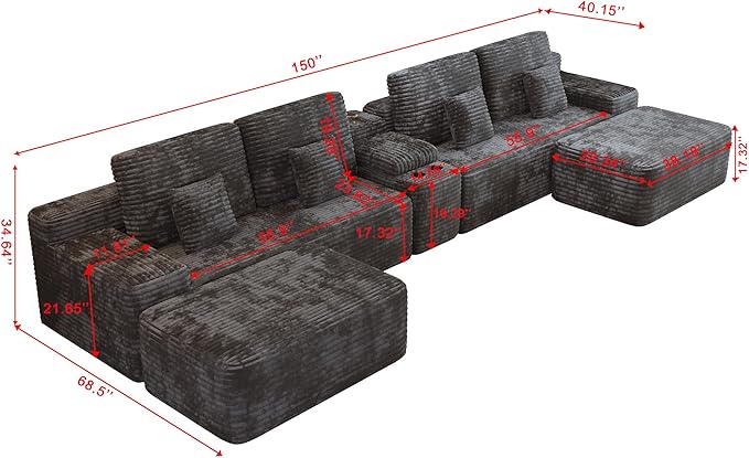 KEIKI 150" U-Shaped Oversized Corduroy Modular Sectional Sofa with 2 Ottomans and Multi Functional, 6-Seater Upholstered Couch, Easy Assembly, for Living Room, Black