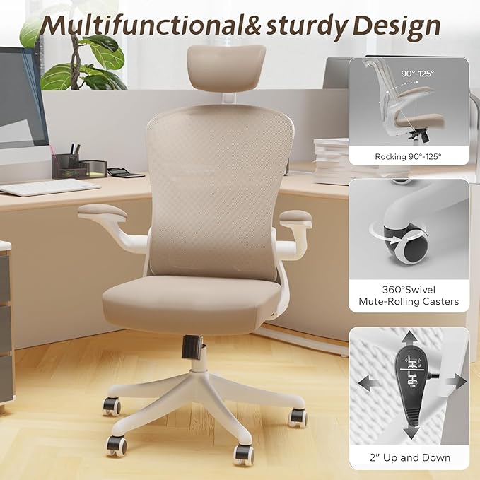 Ergonomic Office Chair with Adjustable Lumbar Support & Flip-Up Armrests - High Back Desk Chair with Thickened Seat Cushion, Rolling Wheels for Home/Office Study Work
