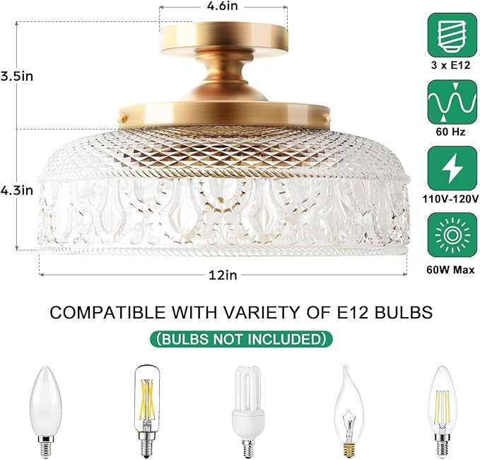 Lamomo Semi Flush Mount Ceiling Light, Upgraded Larger Golden Hallway Light Fixture, 3-Bulb Globe Glass Close to Ceiling Scone,Indoor Hanging Light for Bedroom Kitchen Porch Hallway,Bulbs Not Included
