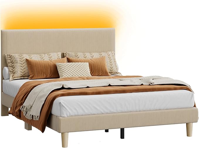 Bestier Queen Bed Frame with Adjustable Headboard, LED Lighting, Vertical Channel Tufted Corduroy Upholstered, Solid Wooden Slats Support, No Box Spring Needed, Never Squeaks, Easy Assembly, Taupe