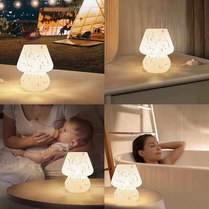 ONEWISH Cute Mushroom Lamp Small Table Lamp Set of 2 Stepless Dimmable, Translucent Glass White Nightstand Lamp for Bedroom Dorm Kids Room Living Kitchen, Murano Aesthetic Home Decor