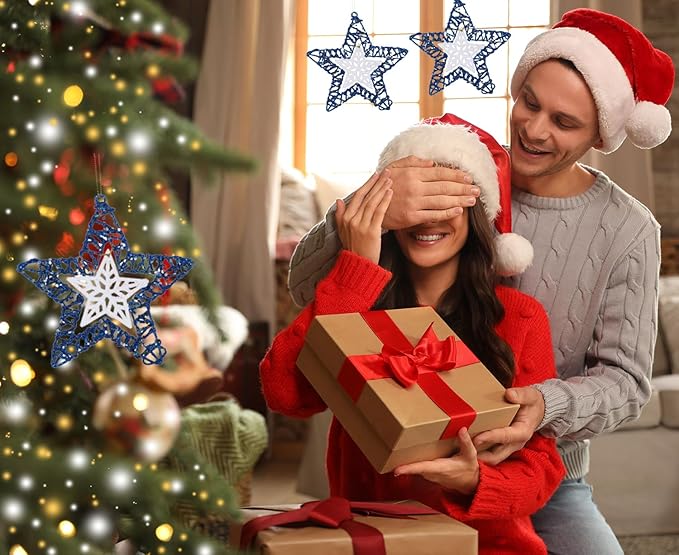 Set of 3 Star Christmas Hanging Ornaments, Glitter Star for Holiday Decorations, Winter Christmas Window Hanging - 6" Diameter (Blue)