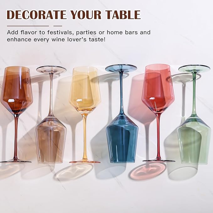 Colored Wine Glasses Set of 6-15oz Hand Blown Colored Crystal Red Wine Glasses with Stem for Party Bar