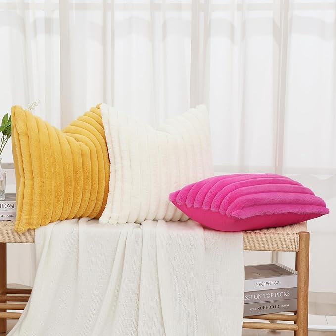 decorUhome Faux Fur Throw Pillow Covers 22x22 Set of 2, Decorative Soft Plush Striped Neutral Euro Pillow Covers with Velvet Back for Bed, Living Room Home Decor, Hot Pink
