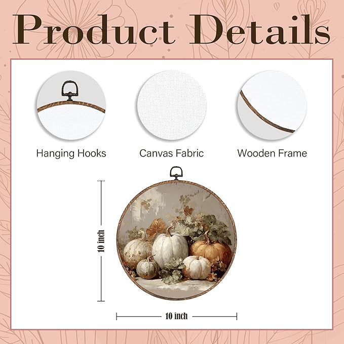 Hxlac Vintage Fall Pumpkin Maple Leaves Round Wall Art Framed, Fall Halloween Pumpkin Round Wall Decor, Vintage Autumn Hanging Canvas Prints Wall Sculptures for Farmhouse Home Decor, 10x10 Inch