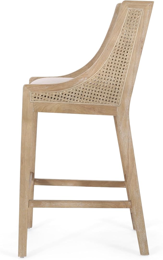 Merax 30" Fabric Upholstered Wood and Cane Barstools with Backrest,Set of 2,French Country Counter Stools Dining Chair