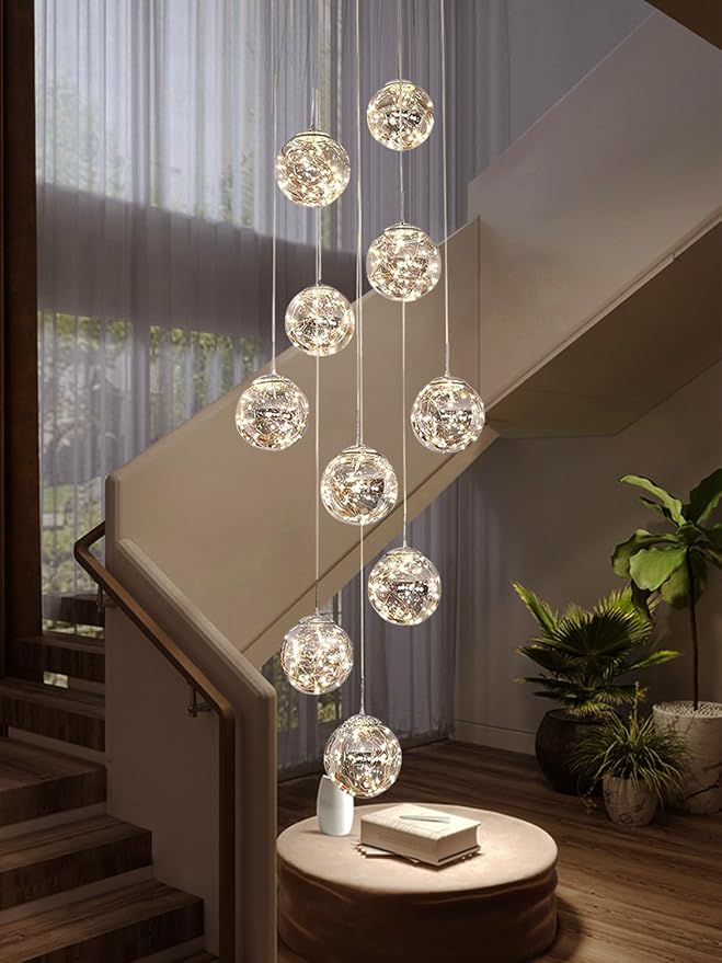 10-Light High Ceilings Long Chandeliers LED Staircase Chandelier High Ceiling Chandelier for Entryway,Modern Crystal Long Pendant Light, Adjustable Length 16" W x79 H,50W