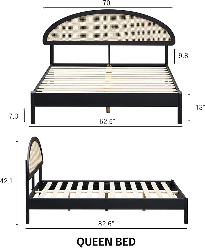 NTC Gem Wooden Bed Frame with Headboard and Natural Rattan, Solid Oak Foundation with Silent Slats, 1000 Lb Capacity, Effortless Assembly, Queen - Burnt Black