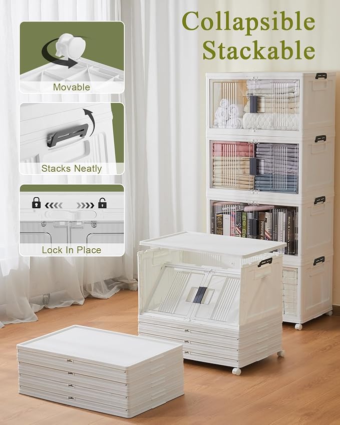 OlarHike Lockable Storage Bins with Lids Folding Storage box with Doors and Wheels 4 Pack Cubes