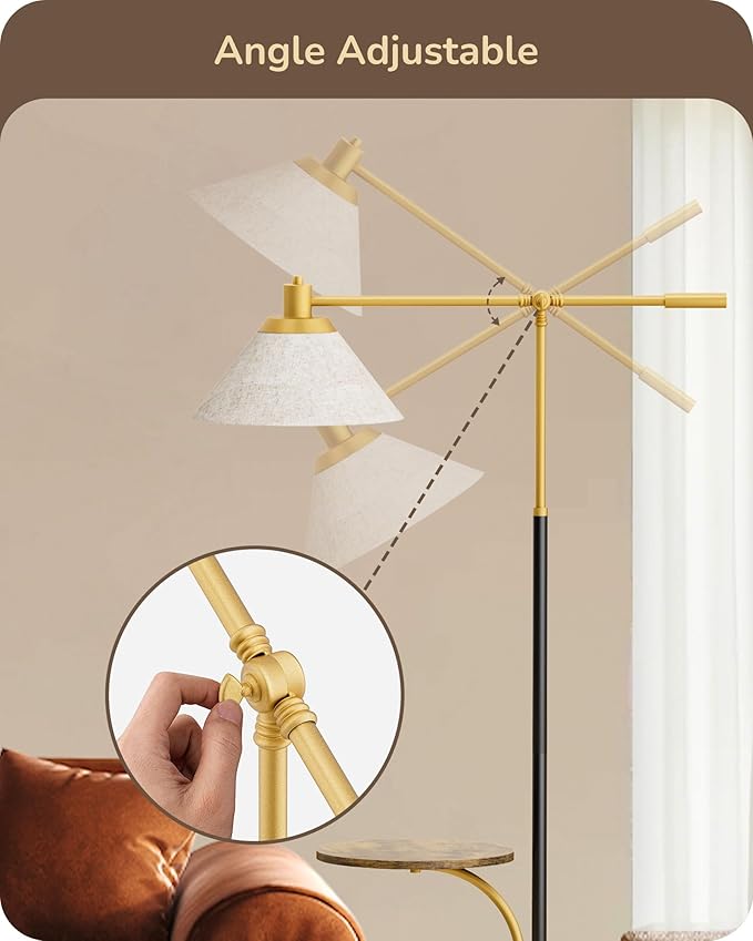 EDISHINE 68" Arc Floor Lamp with Table, Vintage Standing Lamp for Living Room, Height Adjustable, 5 Color Temperatures LED Bulb Included, Beige Shade, for Bedroom Office, Wood Grain