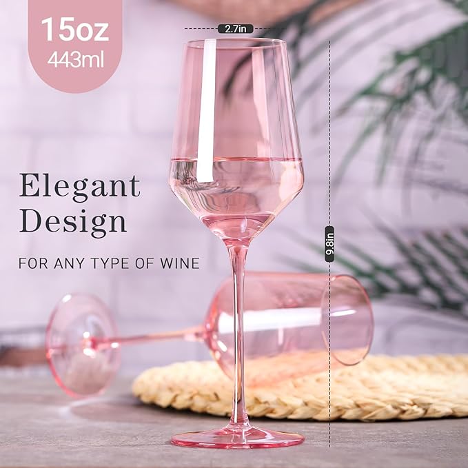 Physkoa Pink Wine Glasses Set 6-15oz Crystal Blush Pink Wine Glasses With Long Stem and Thin Rim,Perfect Pink Colored Wine Stemware for Wine Lover in Wedding,Bridal Shower