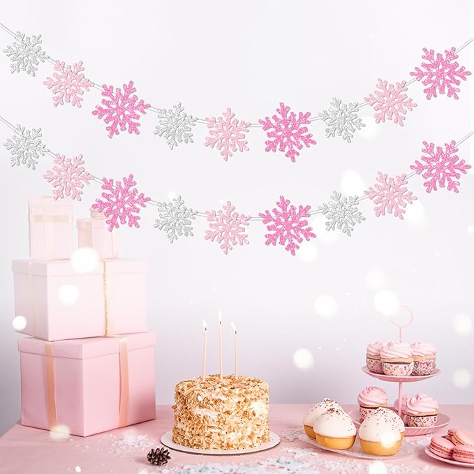 2Pack Pink Silver Snowflake Garland Winter Wonderland Decorations, Glitter Snowflake Banner for Girl Baby Shower Decorations, Birthday and Christmas Party Supplies, No DIY.