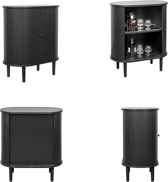 WERMO 28'' Black Bar Cabinet with Storage and Shelves - Coffee and Wine Bar Black Cabinet with Doors, Small Liquor Dining Room Sideboard, Narrow Living Room Credenza, Coffee Station (Black Oak)