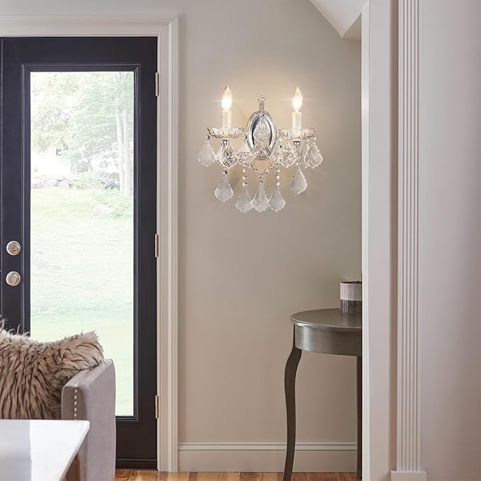 Crystal Wall Sconce Lighting, 2-Light Modern Crystal Wall Light Fixture Bathroom Maria Theresa Wall Lamp Light Fixtures Chrome Wall Sconce Light Wall Mounted Lamp for Living Room,Bedroom,Indoor