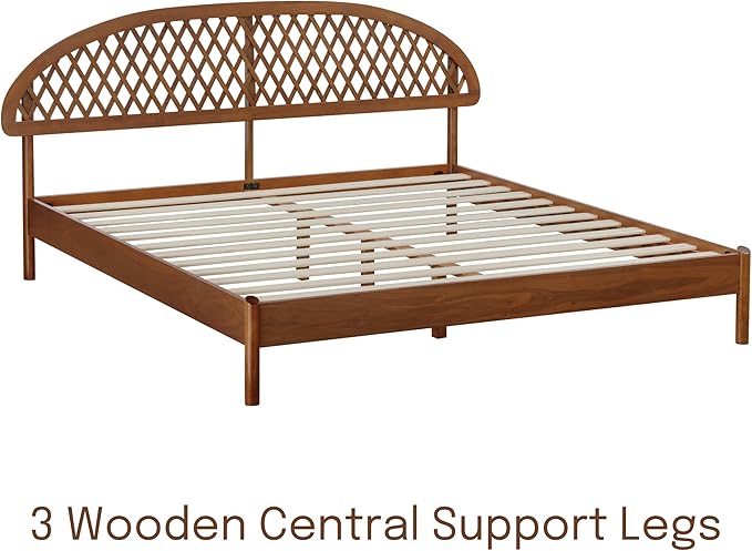 NTC Gem Wooden Bed Frame with Headboard, Crafted from Walnut, Rubber Wood with Silent Slats and Wood Central Supports, 1000 Lb Capacity, Effortless Assembly, King - Dark Walnut