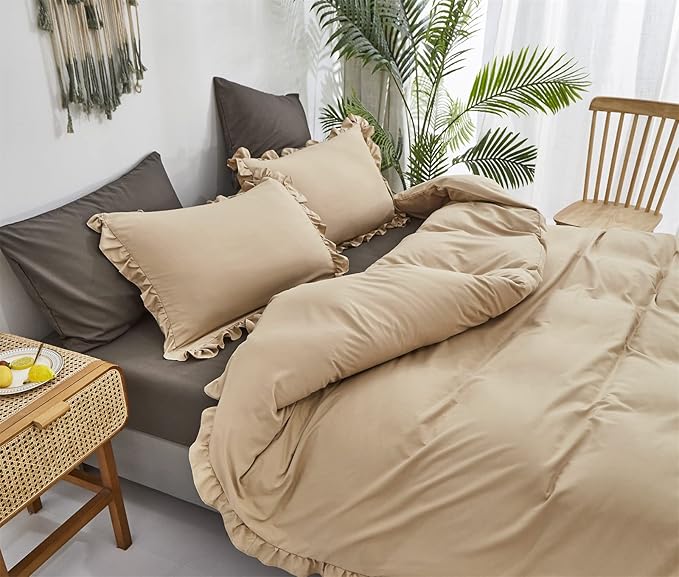 CLOTHKNOW Taupe Ruffles King Size Comforter Set 3Pcs Farmhouse Bedding Comforter Sets Champagne Comforter Light Brown Comforter with 2 x Pillow Cases
