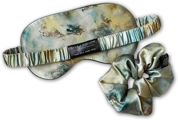 Silk & Willow 100% Pure Mulberry Silk Sleep Eye Mask & Hair Scrunchie Gift Set (Seascape)