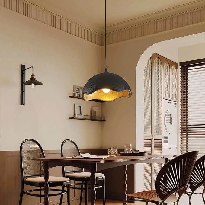 JAYMP 40cm Modern Pendant Light for Dining Room Kitchen Island Hanging Lamp E26 Base Japanese Wabi-Sabi Style Bird Nest Shape Lighting Fixture,1 Pack(Black and Gold,D Shape, 40cm/15.7inch)