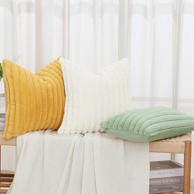 decorUhome Faux Fur Christmas Throw Pillow Covers 12x20 Set of 2, Decorative Soft Plush Striped Neutral Euro Pillow Covers with Velvet Back for Bed, Living Room Home Decor, Sage Green