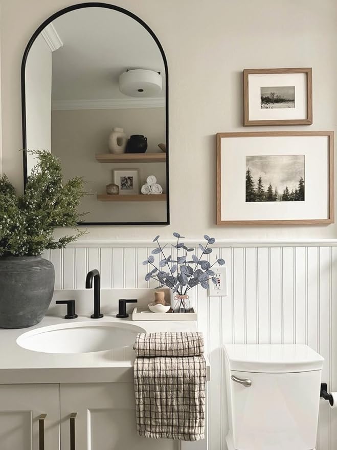 Artificial Eucalyptus Stems in Glass Vase with Faux Water, 14" Fake Plants for Home Decor, Centerpieces, Office, Bathroom & Farmhouse Weddings - Faux Plants Decorations