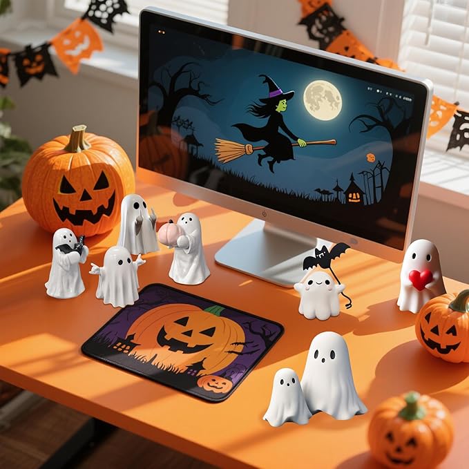 Halloween Ghost with Bat Balloon Figurine - Ghost Figurine Ghost Decor, Cute Ghost Statue Ghost for Halloween Decoration Humorous Desktop Art Piece