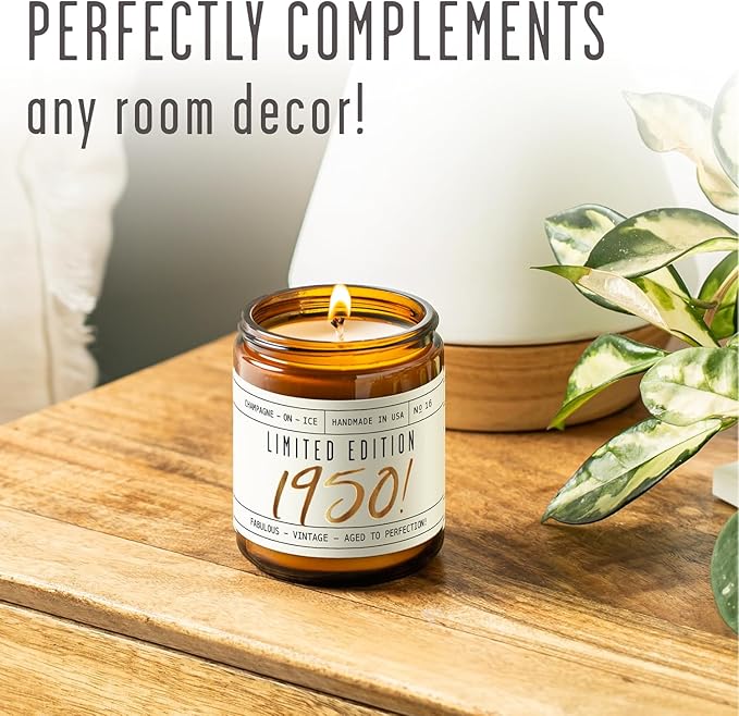 75th Birthday Gifts for Girls - 'Limited Edition 1950' Soy Candle, w/Champagne on Ice I 75 Birthday Gifts for Women I 75th Gift for Her Ideas I 9oz Reusable Jar, 50Hr Burn, Made in USA